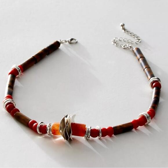 Free People Birdie Choker Necklace Brown Silver Neutral Bohemian Layering NEW - Picture 7 of 7